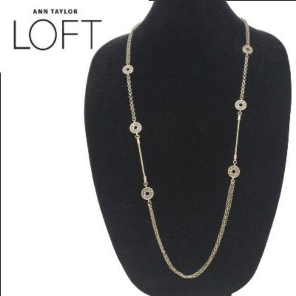 ANN TAYLOR LOFT Signed Necklace 36" Goldtone Chain Rhinestones